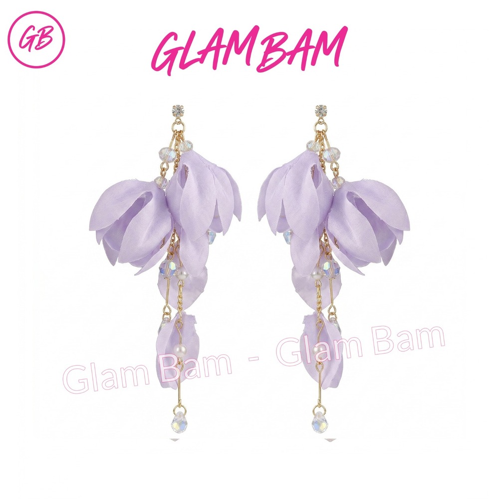 Purple Fabric Flower Tassel Drop Earrings Faux Pearl Gold Tone Silver Needle